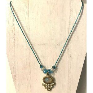 Beautiful Handcrafted Turquoise and Iridescent and Rhinestone Necklace  #5004